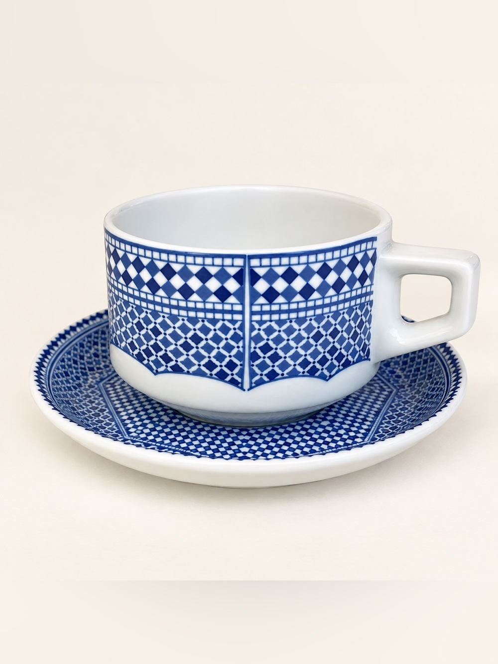 Cocema Fes Morocco Blue & White Geometric Coffee Cup & Saucer Set Vintage